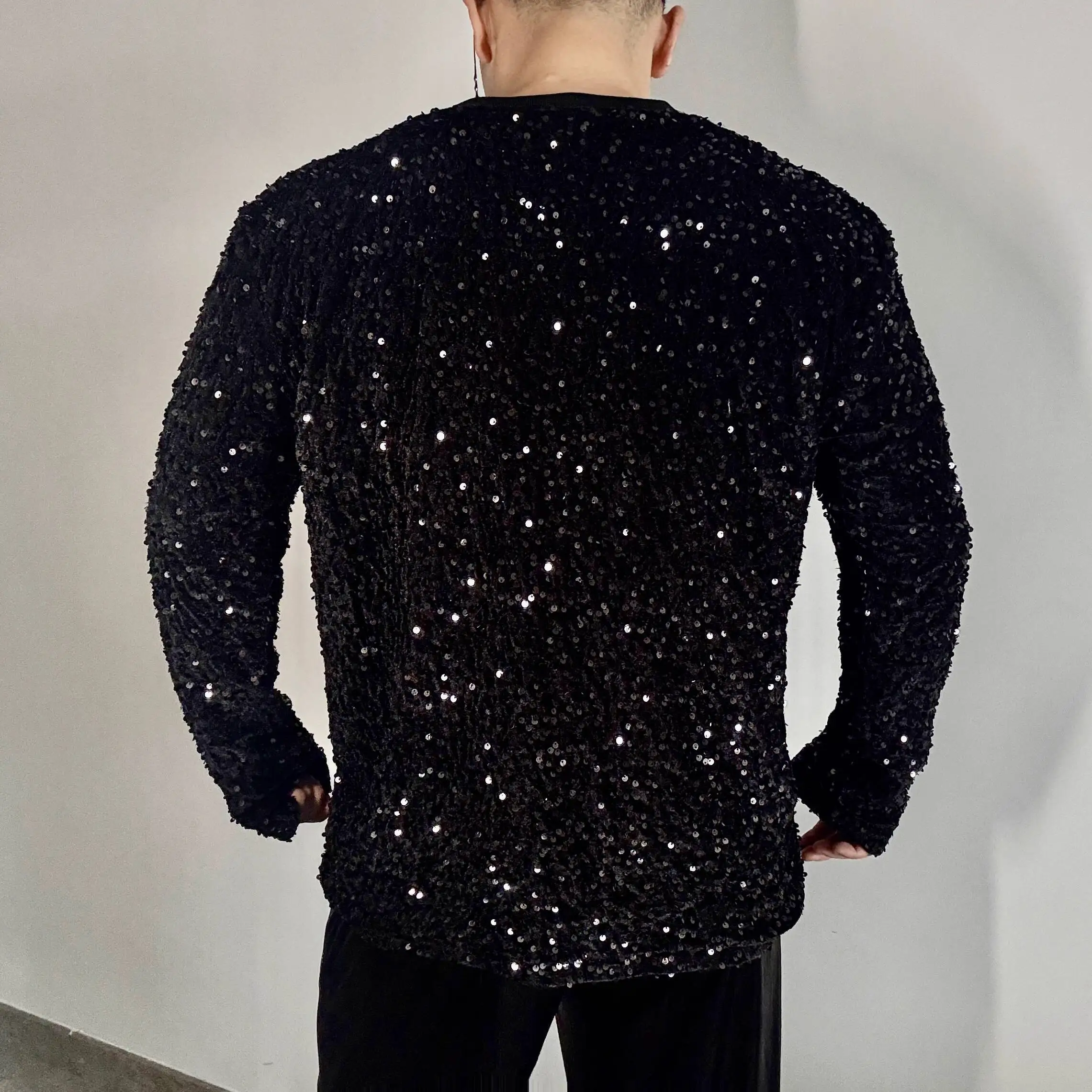 Autumn Winter Black Sequin Glitter Men Shirt Long Sleeve Shirts Casual Fashion Vintage Streetwear