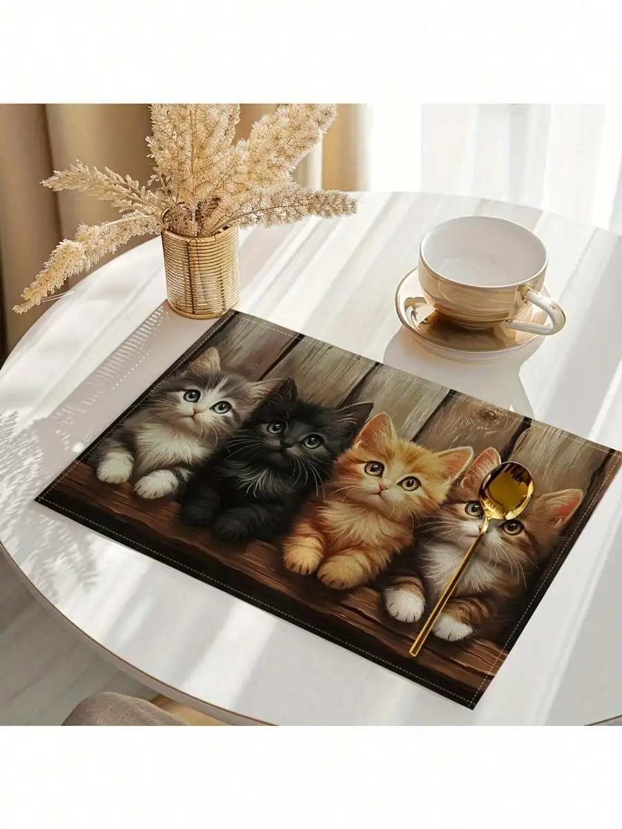 4pcs Set, Cat Pattern Placemat, 4pcs Washable Table Mat For Kitchen Table Decoration.