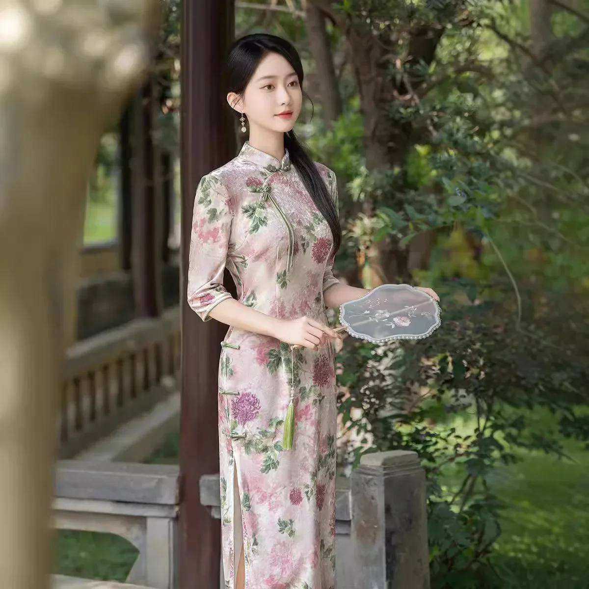 المخملية شيونغسام 2024 الخريف نمط طويل تحسين مزاجه شيونغسام النمط الصيني المألوف شيونغسام تنورة #4