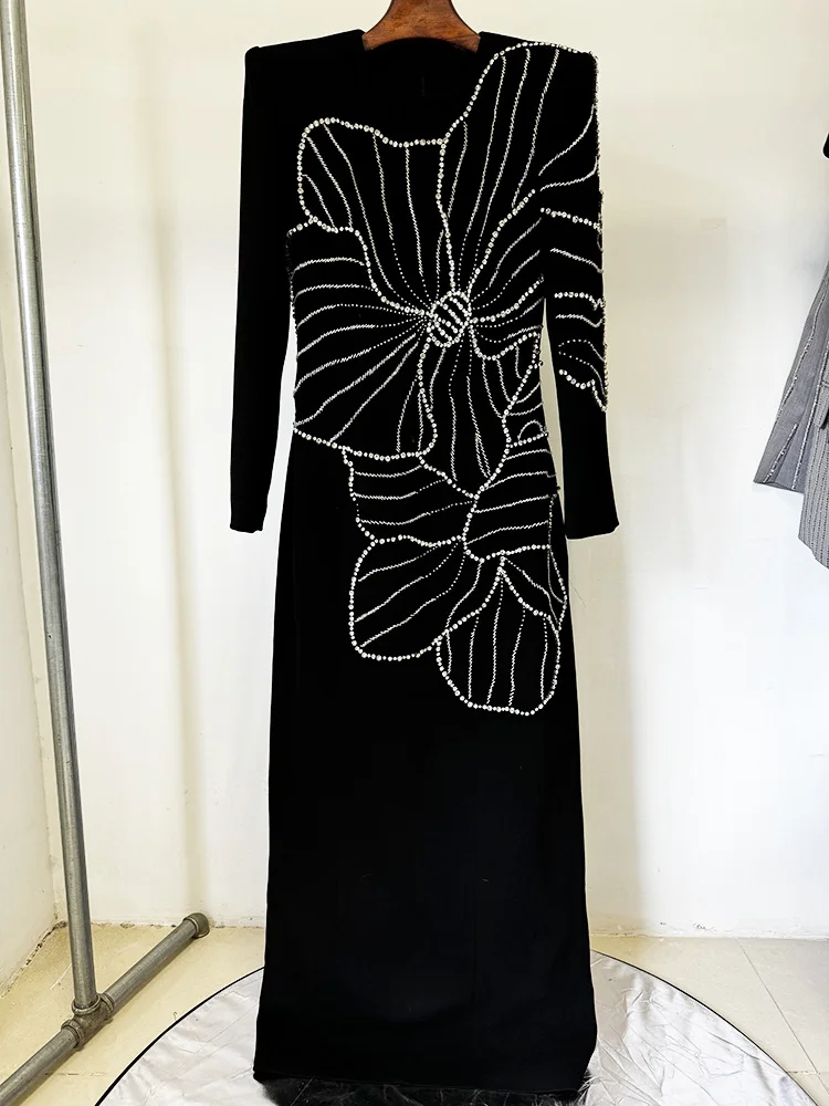HIGH STREET Newest Fashion 2025 Designer Party Vestido Women\'s Formal Long Sleeve Luxurious Diamonds Beaded Crystal Floral Long