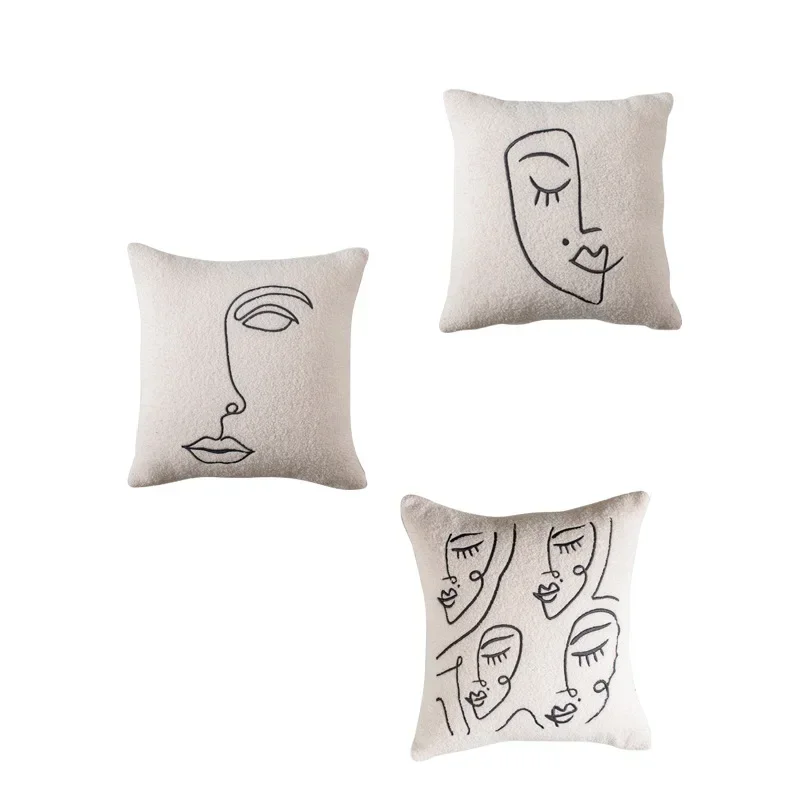 Lambswool Embroidered Cushion Cover 45x45 Nordic Beige White Abstract Art Pillowcase Light Luxury Decorative Pillows for Sofa