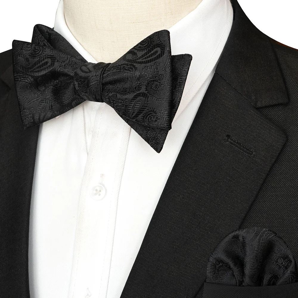 EASTEPIC Gestreifte Fliege für Herren, Einstecktuch-Set, kariertes Accessoire, Paisley-Krawatte, Blumenmuster, gepunktet, reines Schwarz, Abendparty – Detail 15