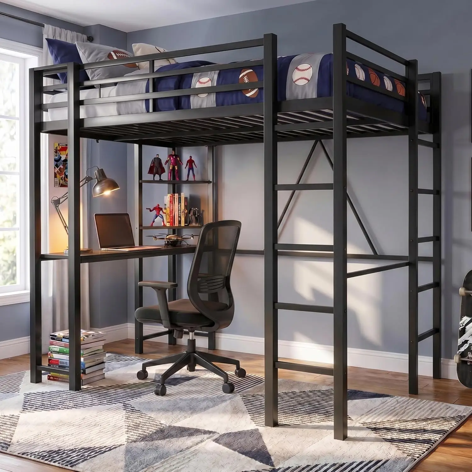 

Full Size Metal Loft Bed with Desk, 2 built-in ladders and safety guardrail, noise-free, ideal for small spaces, Customized