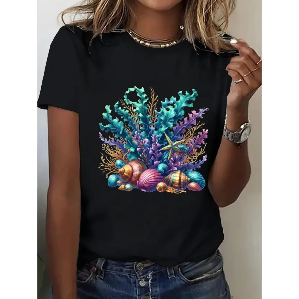 

Seaweed & Seashells Graphic T-shirt, Ocean Beach Style Top, Marine Life Print Casual Tee for Women