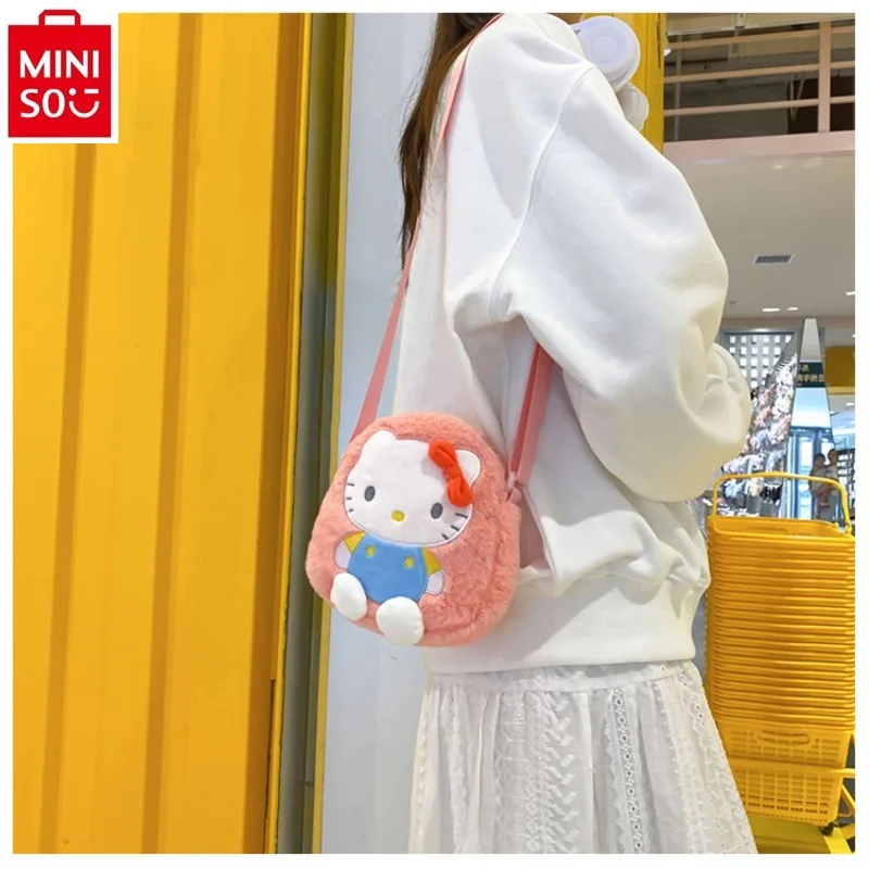 MINISO Sanrio Cartoon Hello Kitty Kuromi Cute Plush Shoulder Bag Student Fashion Versatile Crossbody Small Round Bag