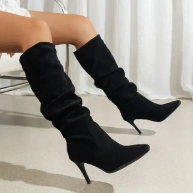 2024 Ladies Shoes Plus Size Knee-High Women's Boots Slip on Modern Boots Women Leopard Pleated Pointed Toe Thin Heel Shoes Women