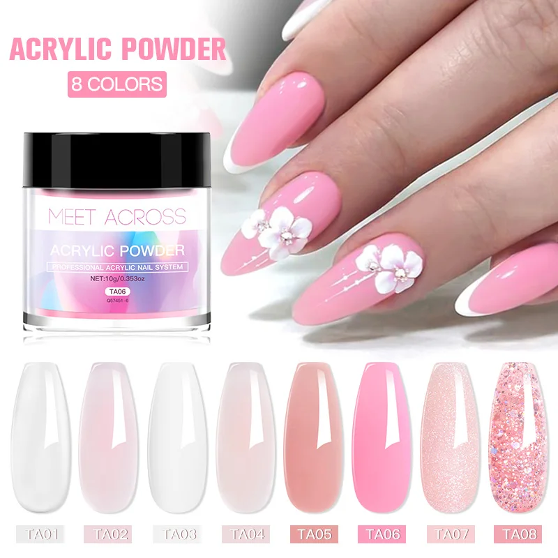 MEET ACROSS Clear Pink Nude Acrylic Powder 10g Nail Professional Polymer For Nails Extension No Need Lamp Cure Nail Decoration