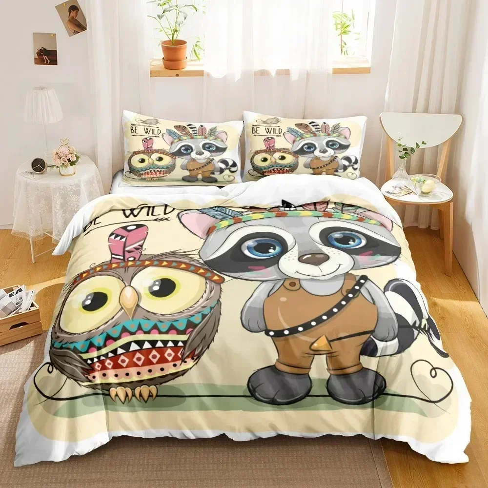 Cartoon Owl Bedding Set 3D Wildlife Print Comforter Cover Bird Animal Duvet Cover King Size Nighthawk Soft Polyester Quilt Cover
