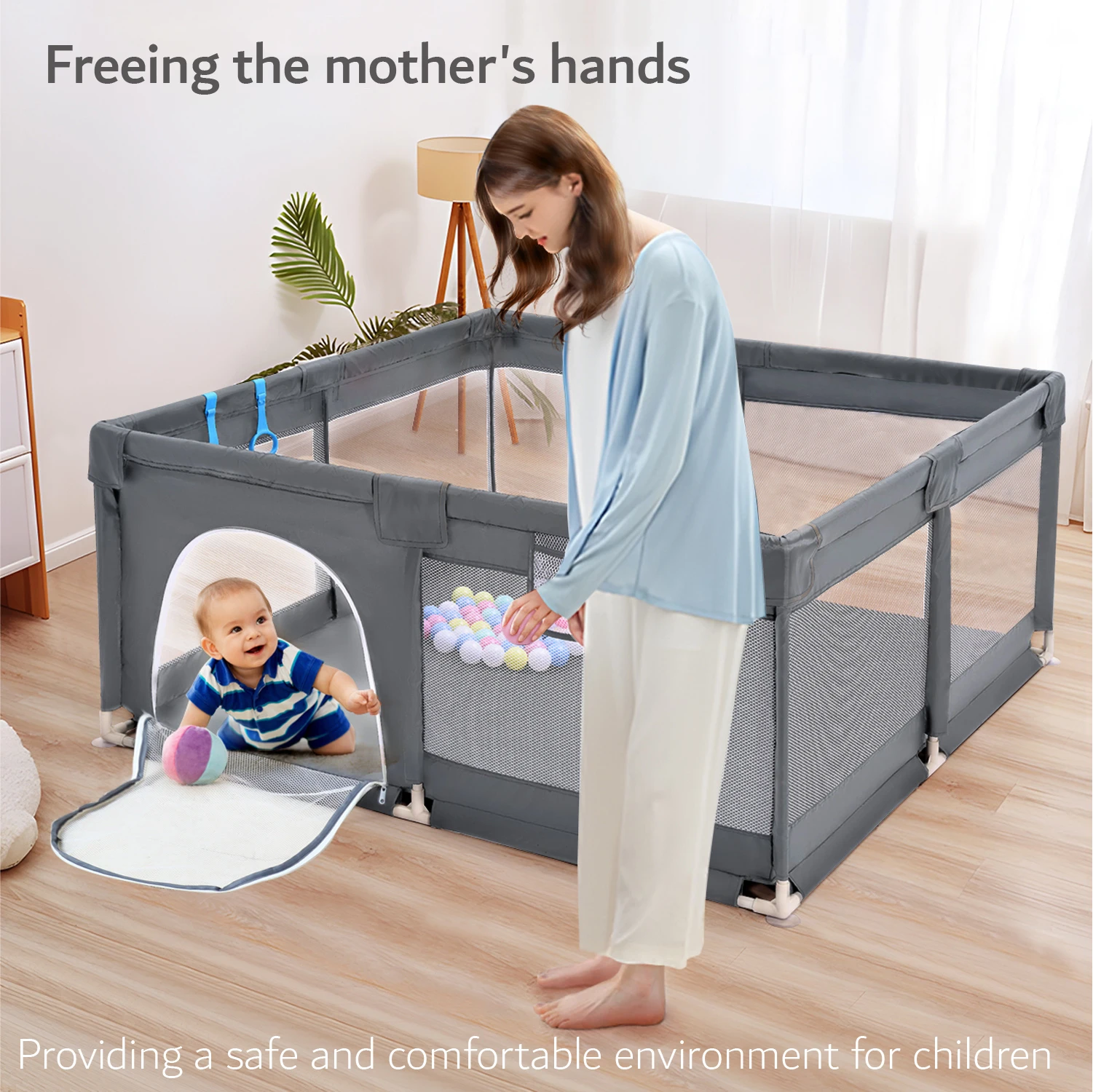 Baby-Laufstall 130×130 cm, extra stabil mit dicken Rohren, 68 cm hohes Schutzgitter, Indoor-Lauf- und Spielzaun mit großem Spielbereich