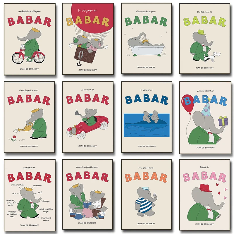 Famous Cute Cartoon Elephant Babar Family Posters Babar the Elephant Bicycle Prints Canvas Wall Pictures Home Room Nursery Decor