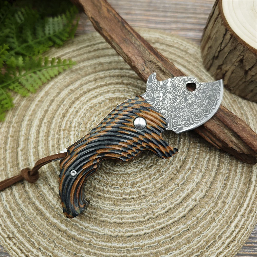 Cute Bulldog Style Mini Folding Pocket Knife Damascus Blade G10 Handles Portable Camping EDC Tools Creative Barbecue Knives