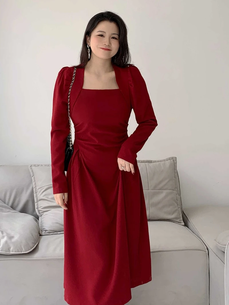 

Red A-Line Dr Casual Vintage Slimming High Waist Long Dr for plus Size Women Spring Autumn plus Size Faion Dr