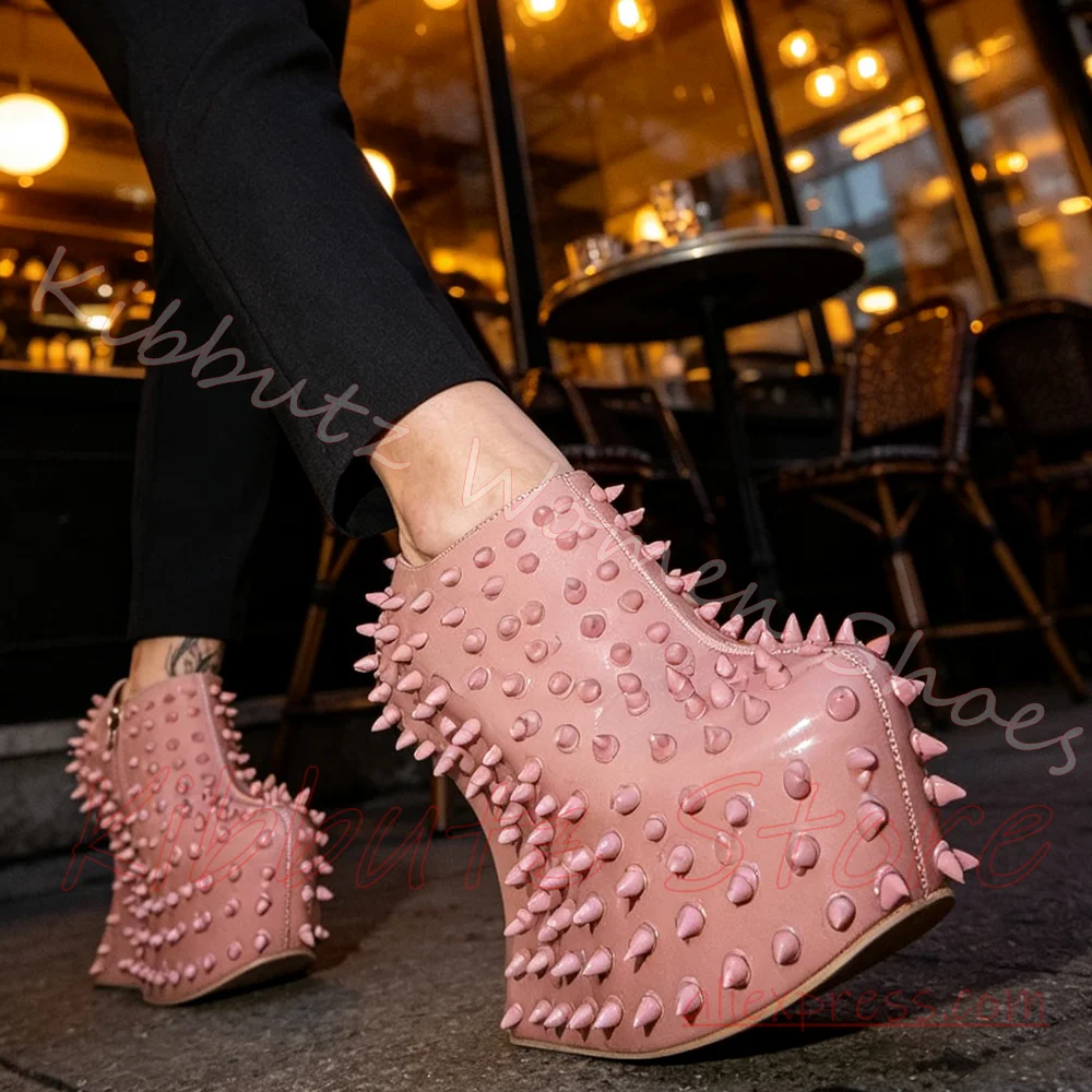 Spike Studded Platform Ankle Boot Women Side Zipper Special Shape Wedge Leather Punk Gothic Street Fashion Shoes Solid Color New