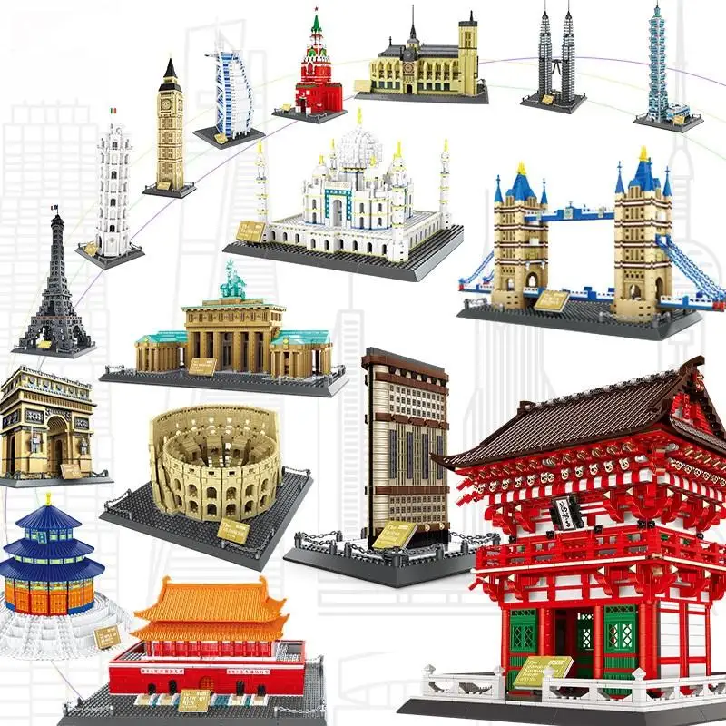 Wholesale Wange City  Modular Building Blocks Eiffel Tower taj  France Paris Louvre The Fallingwater Villa Brick Toy