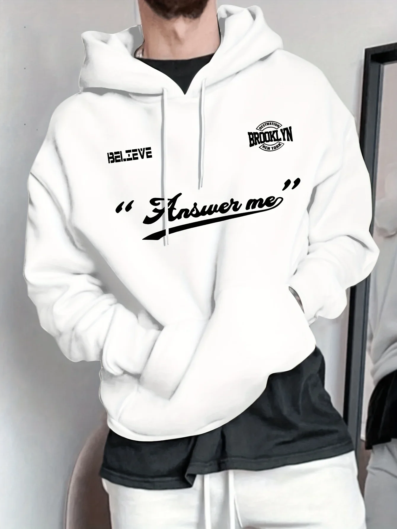 Men Casual Hooded Sweatshirt Retro American Style Script Quote Graphic Autumn Winter Fleece Lined Loose Street Hoodie