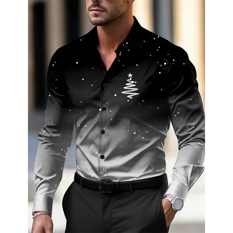 

3D Printed Christmas Tree Hawaiian Shirts For Men Merry Christmas Pattern Aloha Shirts Casual Loose Long Sleeve Blouse Lapel Top