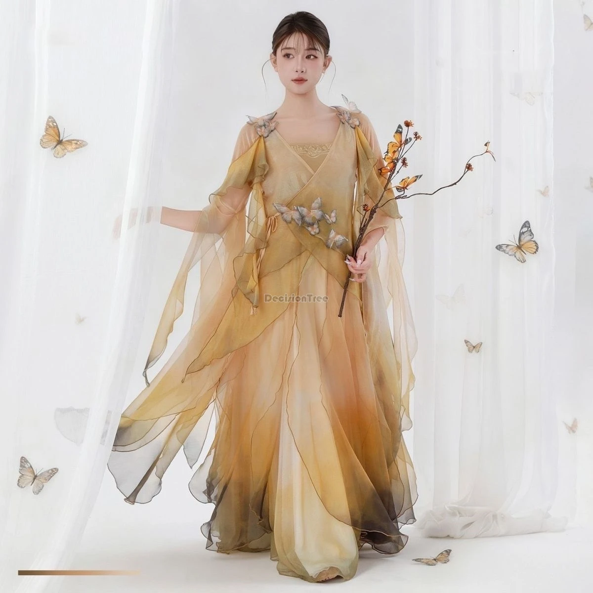 

2025 китайские классические танцевальные костюмы, шифоновое платье с бабочкой, струящиеся костюмы для этнических танцев в древнем стиле, комплект для выступлений ханьфу