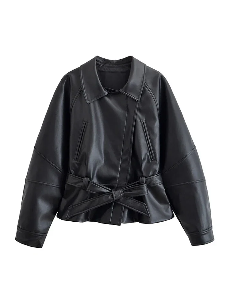 

2025 Autumn Fashion Women Outerwear Street Edgy Lady Jacket Collar Short Leather Trench Coat Belted Long Sleeve Metal Button