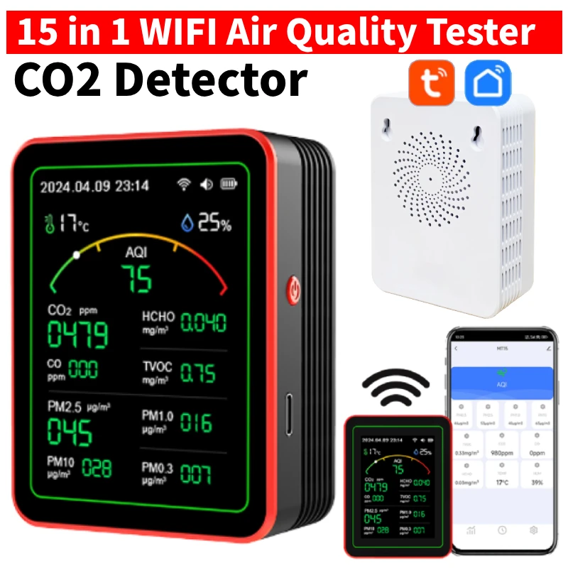 15 In 1 Tuya Wifi Air Quality Monitor CO2 Meter Accurate Carbon Dioxide TVOC HCHO Detector PM2.5 PM1.0 PM10 Tester Air Analyzer