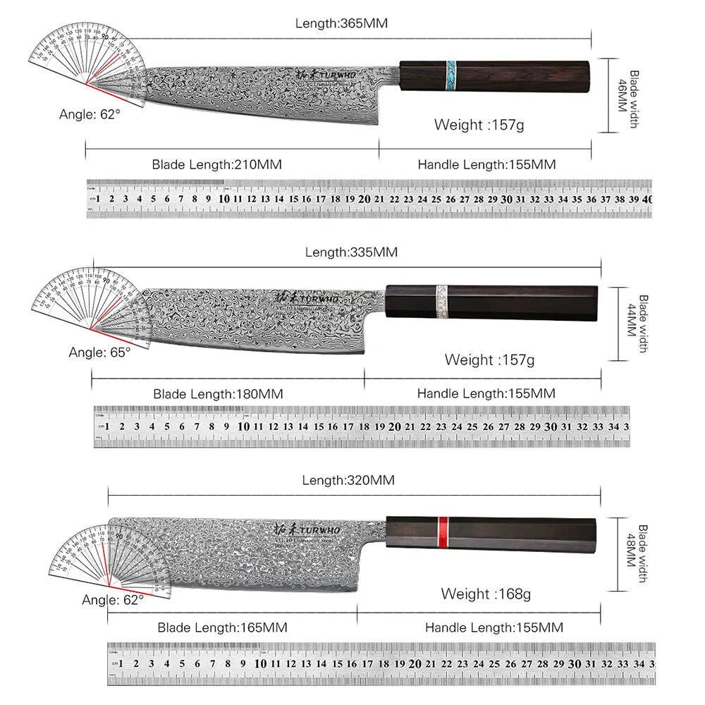 TURWHO 1-3pcs Japanese Gyuto Kiritsuke Nakiri Knife Hand Forged Chef Knife VG10 Core Real Damascus Steel Kitchen Knives Set