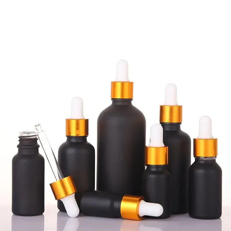 100pcs 5/10/20/30/50/100ml Black Frosted Dropper Bottle Refillable Glass Essential Oil Dropper Bottle Cosmetic Storage Container