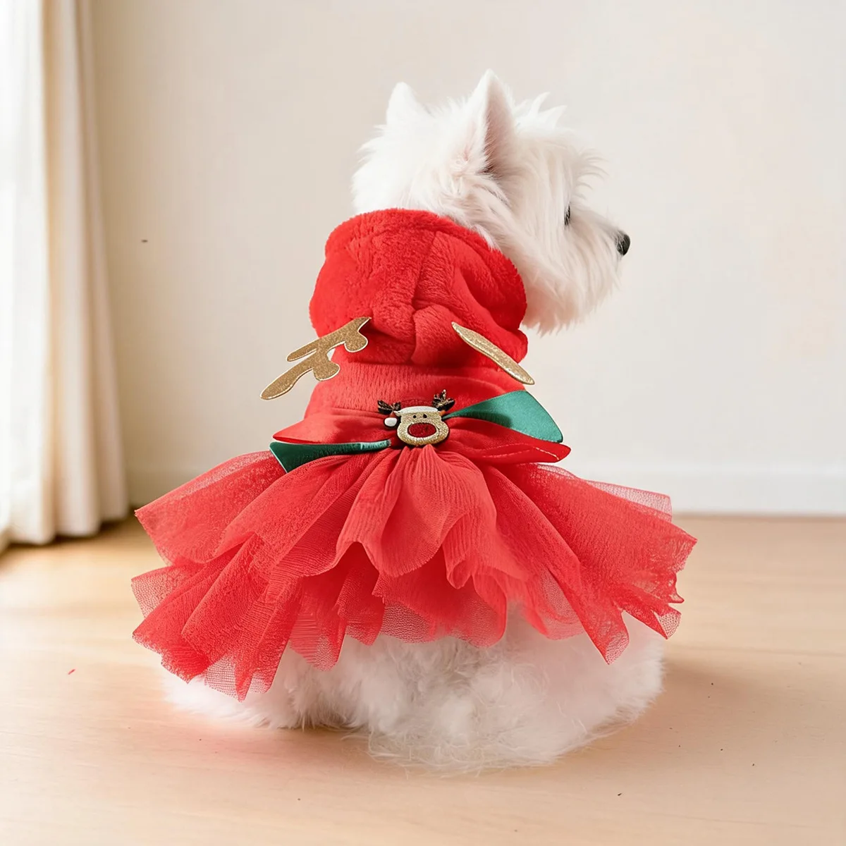 Christmas Puppy Dresses Elk Decor Pet Tutu Skirt Dog Dress Xmas Fluffy Warm Dog Cat Costume New Year Party Clothes