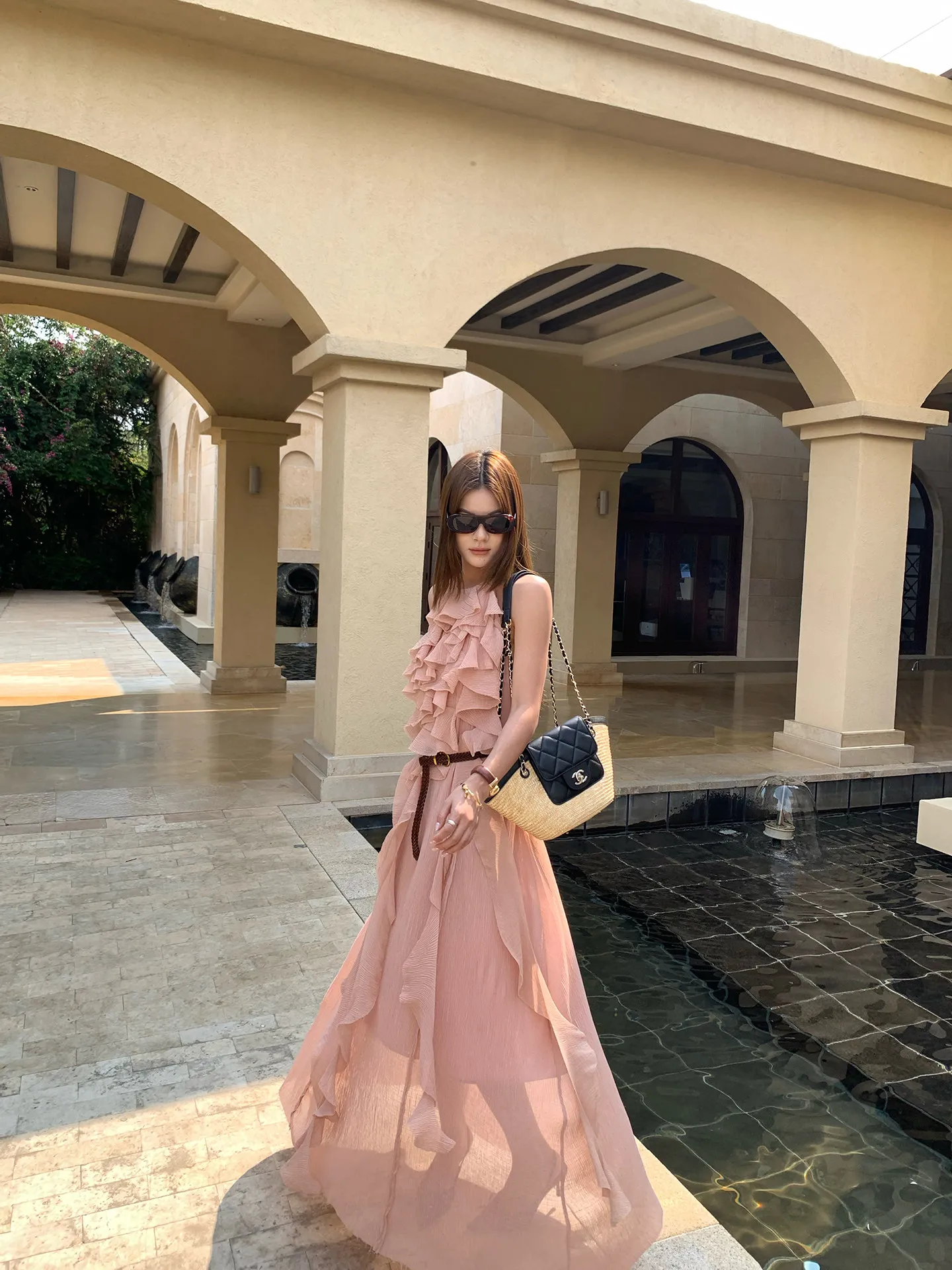 【MAR】French Gentle Ruffle Burnout Halter Dress Women Sleeveless Waist Tie Vacation Long Dress