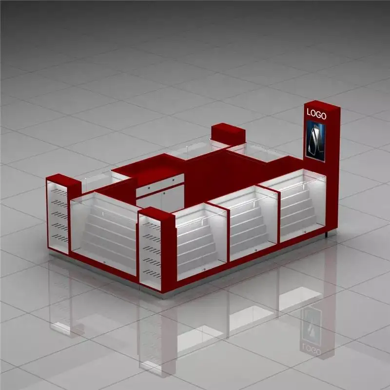 customized.Red White Shopping Center Showcase Display Phone Cases Kiosk Cell Phone Repair Retail Mobile Phone Accessories Kiosk