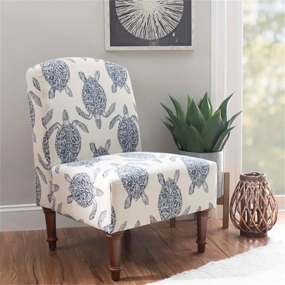 Armless Fabric Accent Chair, Turtle Print, Wood Frame & Turned Legs, Plush Cushions, Living Room, 25