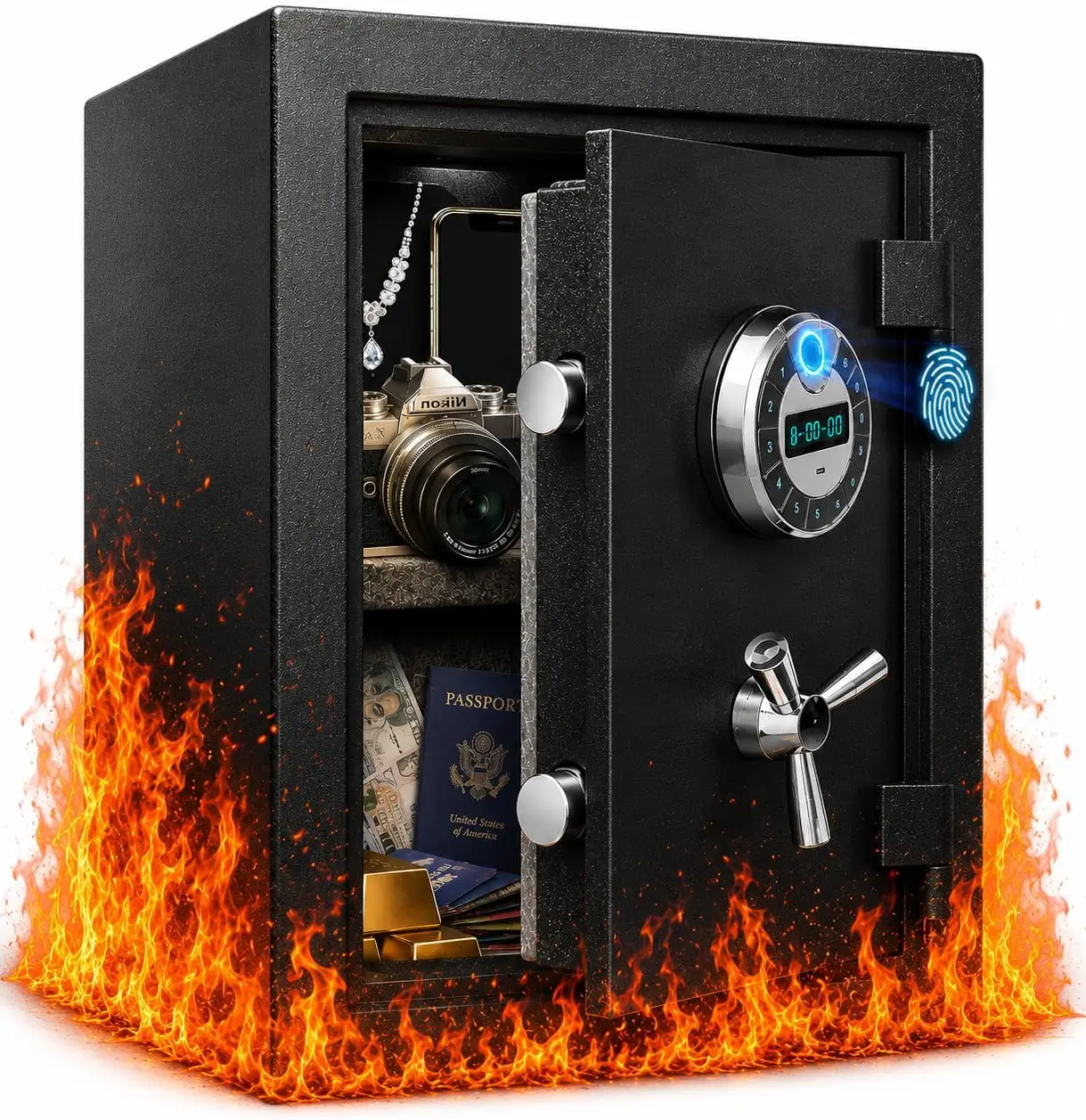 Fireproof 75LB Home Security Safe, Biometric Access, Fits Legal Documents | Real Fireproof Safe for 17