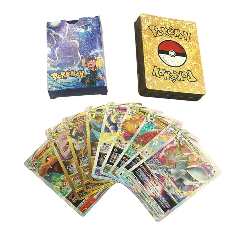 27-55 buah kartu Foil emas Pokemon warna-warni Charizard Pikachu Arceus perak pelangi Inggris Spanyol VSTAR kartu VMAX