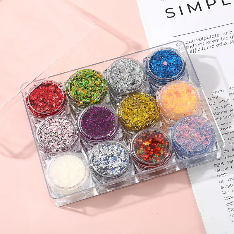 12 لونًا من جل الترتر الخالي من الغراء ظلال العيون ترتر مكياج العيون مسحوق لامع مكياج المسرح ، ترتر فني للأظافر لتقوم بها بنفسك زينة الأظافر