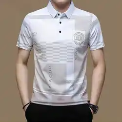 Camisa polo de manga curta masculina, roupa solta, estampada com estampa, botão, tops casuais de negócios, moda verão