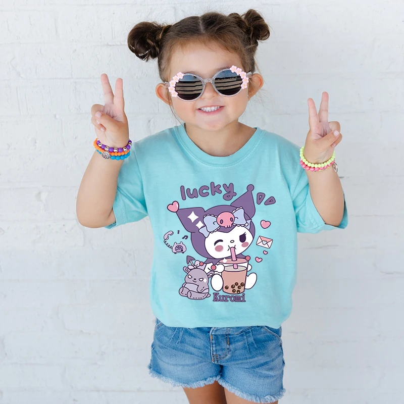 Kuromi Printed Kids T-shirt Summer Children's Cotton Short Sleeve Blue Casual Top Suitable for Boys and Girls