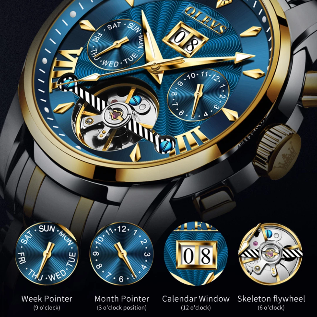 OLEVS 9965 reloj mecánico de moda regalo esfera redonda correa de reloj de pulsera de acero inoxidable pantalla de mes calendario de visualización semanal