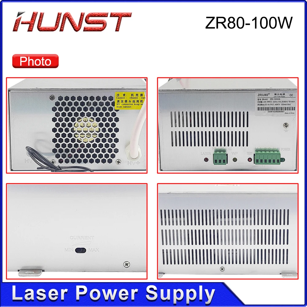 HUNST ZR80 ~ 100W مصدر طاقة الليزر لآلة النقش والقطع بالليزر الزجاجي Co2 80W-100W ضمان لمدة عامين.