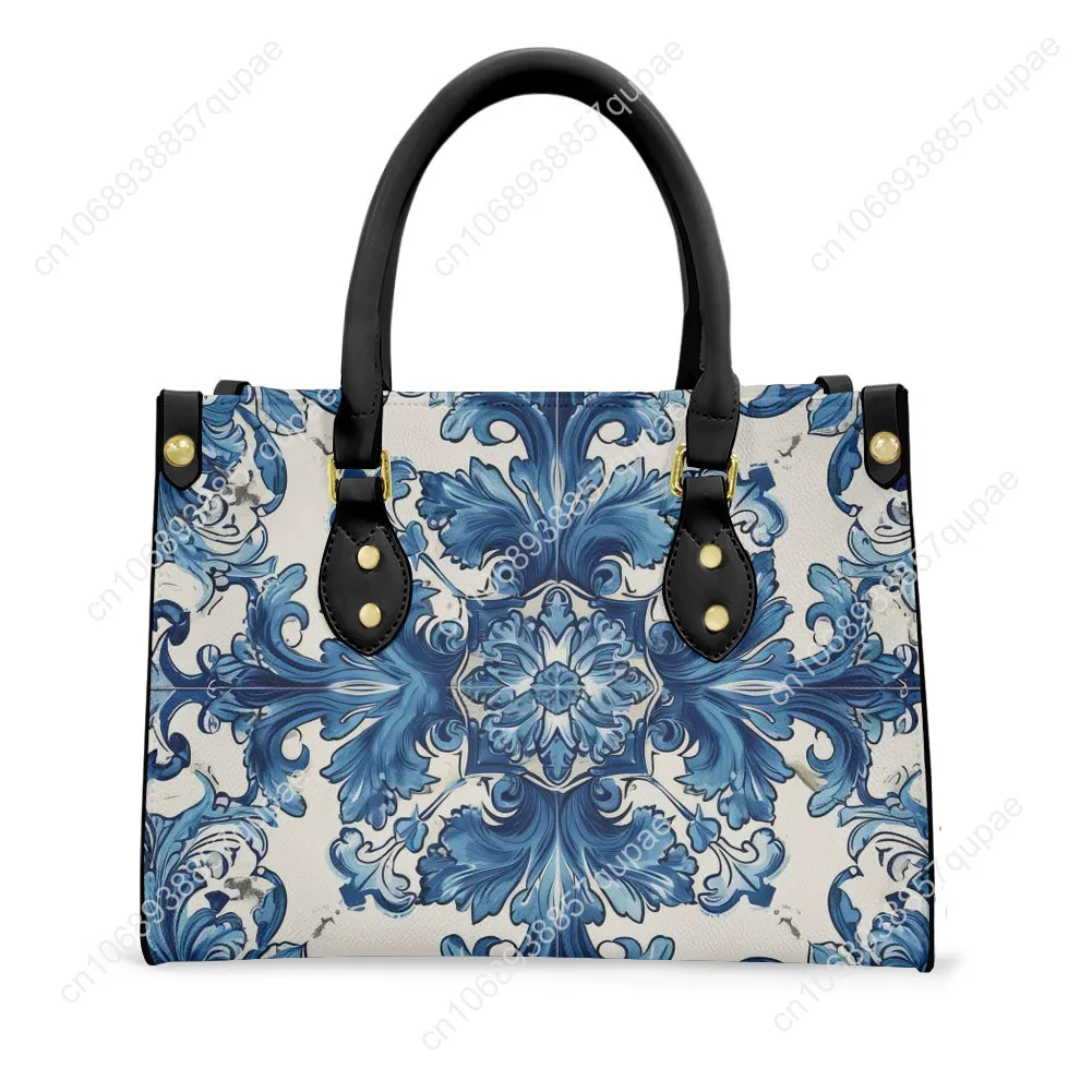 Blue white porcelain Printing Tote Bag Purse  Women Men Muslim Printed Text Image PU Leather Handbag Business Shopping Gift Bags