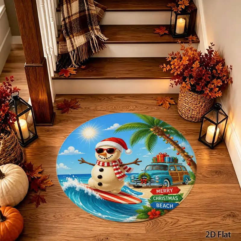 VIKAMA Christmas Round Rug Snowman Surfing Board Palm Tree Vintage Van Merry Christmas Beach Non Slip Area Rug Holiday Decor
