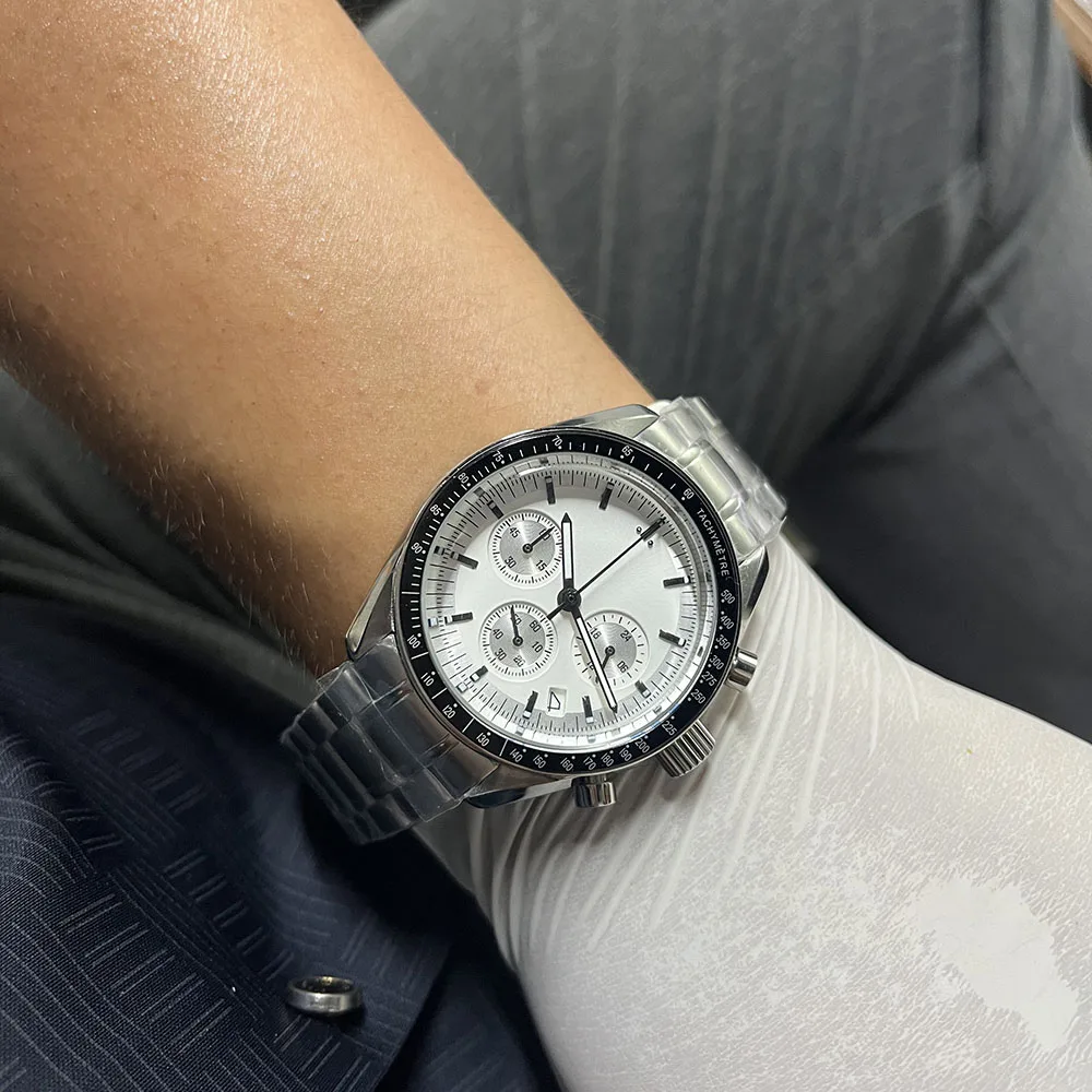 39.8 Stainless Steel Case Automatic Calendar Men's Watch VK63 Movement Thick Transparent Mirror Black and White Watch A