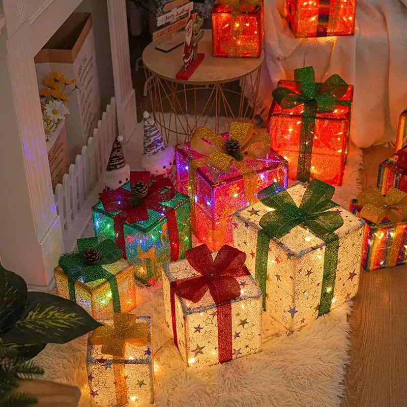

New Christmas gift box lanterns three-piece set, room party lighting string, outdoor decorative ornaments, lighting lights