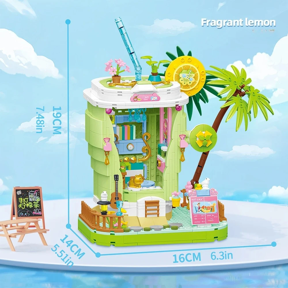 MOC الليمون المشروبات كوخ شجرة جوز الهند منزل مقهى اللبنات مجموعة ألعاب المقصورة الشاطئ للأطفال هدايا عيد الميلاد