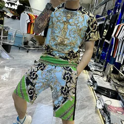 High Quality Baroque Court Print Short-sleeved T-shirt 2-piece Men's Slim Suit Sportswear Tops And Shorts Tracksuit Men Set