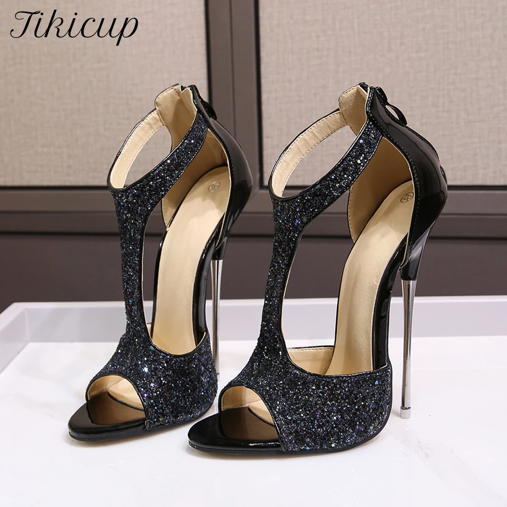 Tikicup 16cm Extremely High Heel Summer Women T-Strap Glitter Sequinw Sandals Ladies Sexy Stiletto Pumps Shoes Large Size 45 46