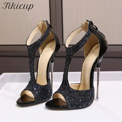 Tikicup 16cm tacco estremamente alto estate donna t-strap Glitter paillettes sandali donna Sexy Stiletto pompe scarpe misura grande 45 46