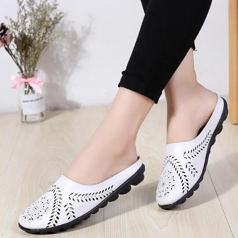 Casual All-match Hollow Slippers House Slippers Summer Leather Loafer Mules Sandals Flats For Women Dressy Comfortable Slip-on