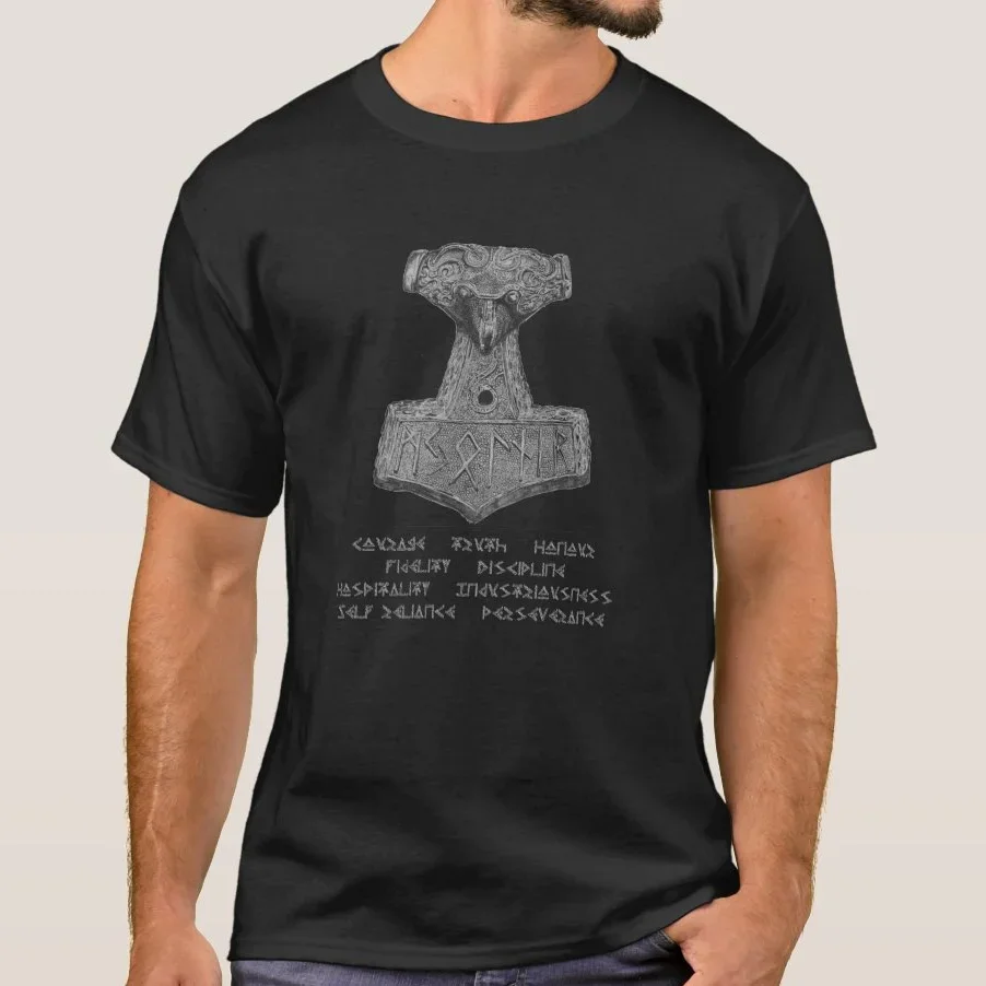 The Nine Noble Virtues of The Asatru Faith. Norse Religion Inscriptions T-Shirt 100% Cotton O-Neck Short Sleeve Casual T-shirt