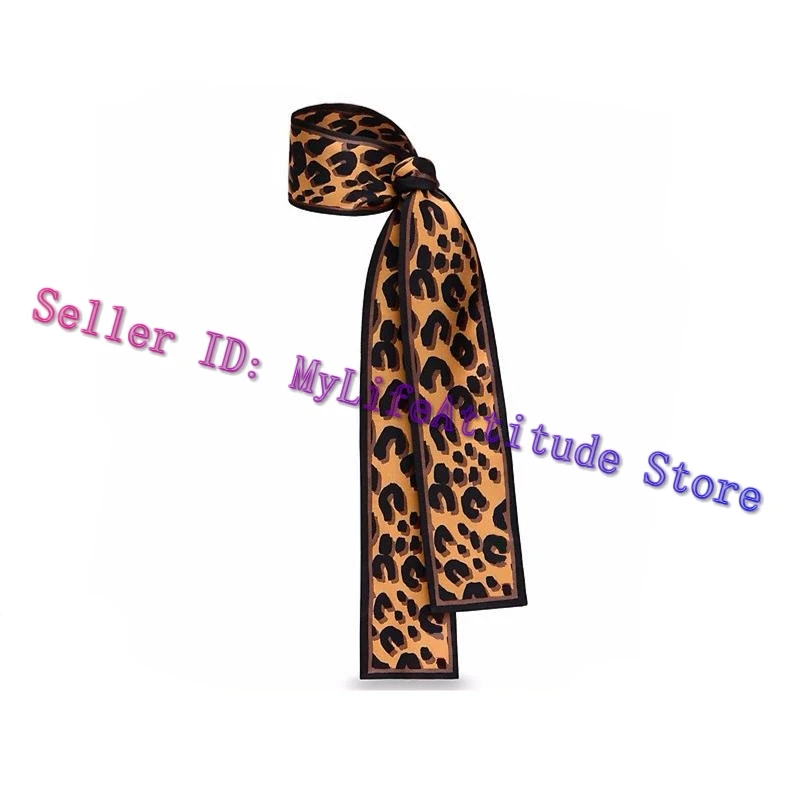 

Women Brown Leopard Bandeau Multi-purpose Lady Wrappy Headband Neckwear Twill Silk Black White 8*120cm
