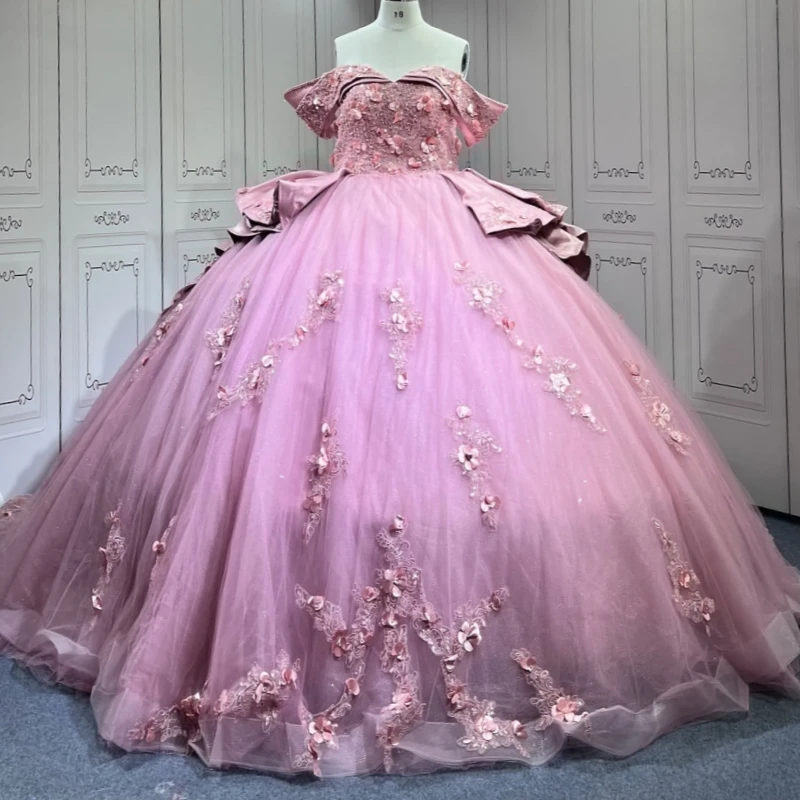 

Розовые платья Quinceanera с открытыми плечами и аппликацией из цветов и бусин, бальное платье для вечеринки по случаю дня рождения, Vestidos De 15 Anos Sweet 16, платье