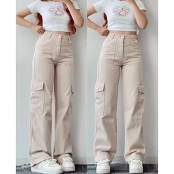 Women Loose Pockets Stitching Pants 2023 Spring Autumn Cargo Pants Trousers Women Button High Waist Overalls Straight-Leg Pants