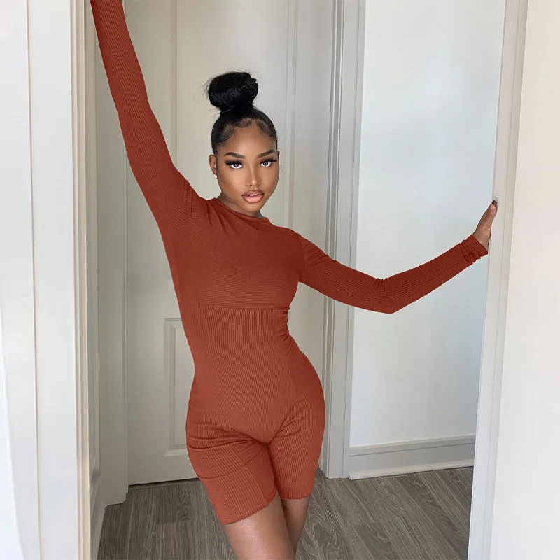 Knitted Long Sleeve Jumpsuit for Women Skinny Elastic Workout Yoga Sportswear Sexy Fashion Female Jumpsuit Shorts Bodysuit